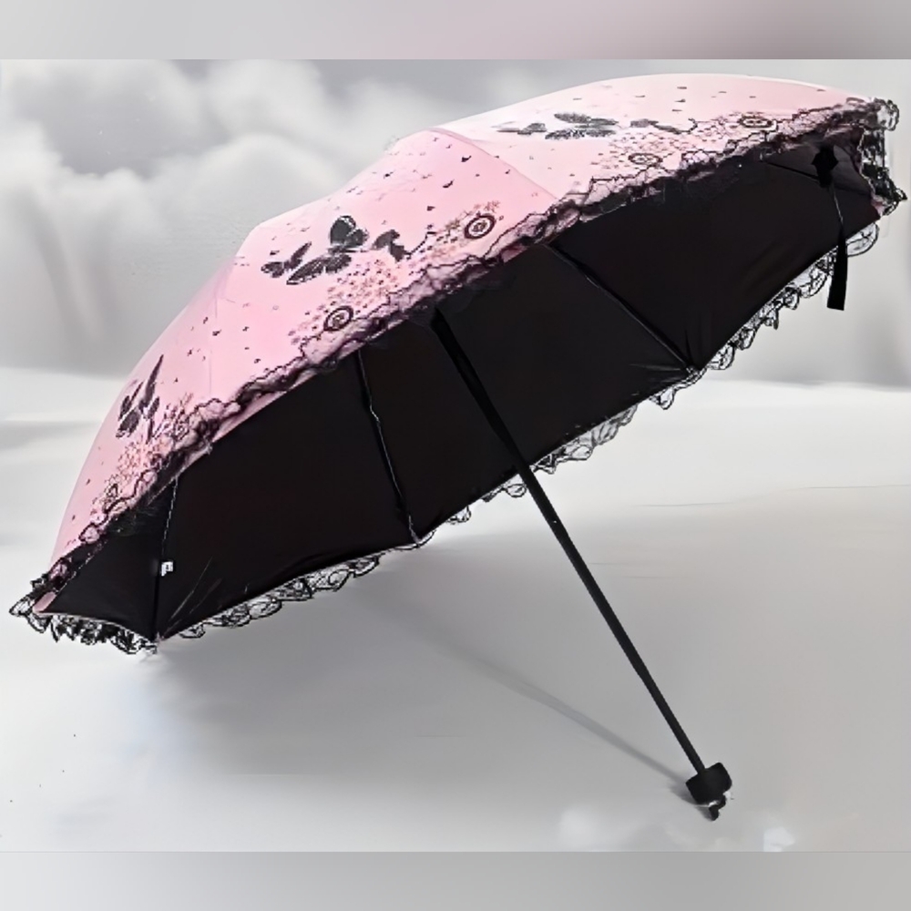 Elegant Pink Butterfly Lace Umbrella - 65cm/93cm